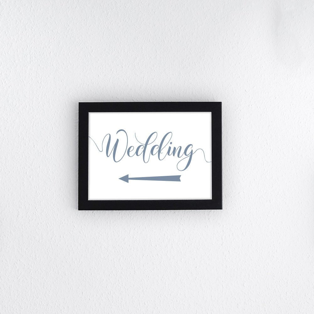 dusty blue directional wedding left arrow sign printed and framed