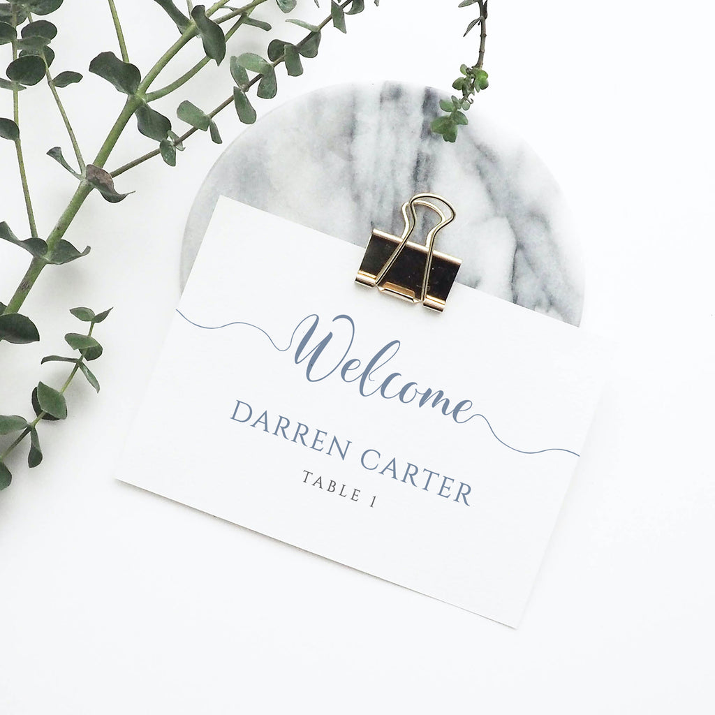 dusty blue place card in metal clip