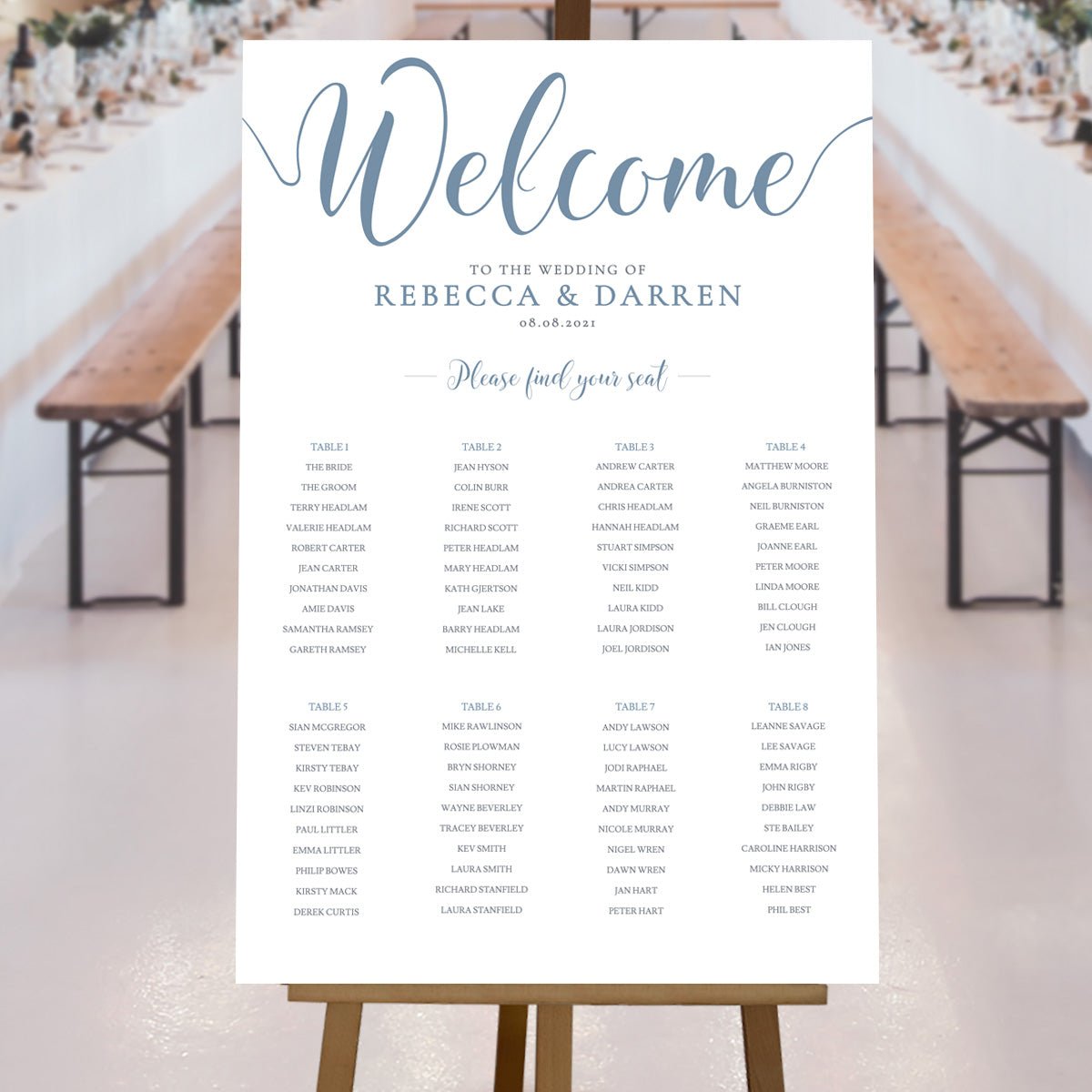dusty blue seating plan at rustic wedding