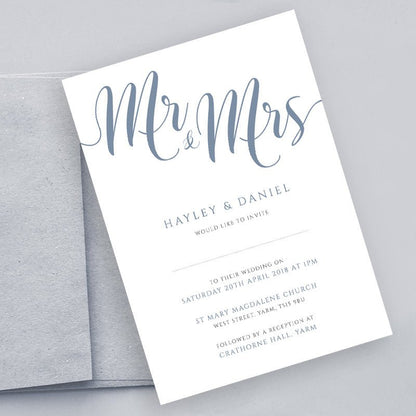 dusty blue wedding invitation set with envelope
