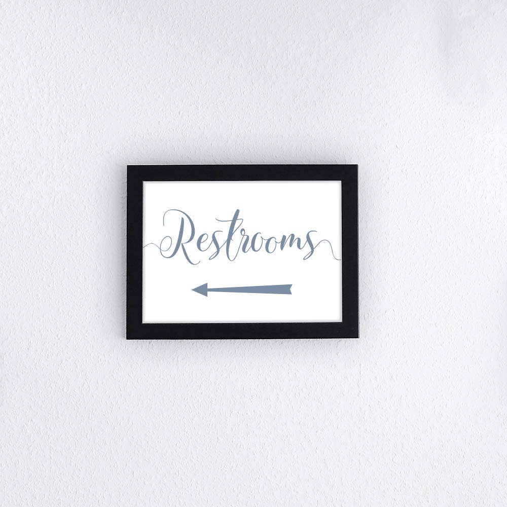 dusty blue wedding restrooms directional arrow sign in a frame