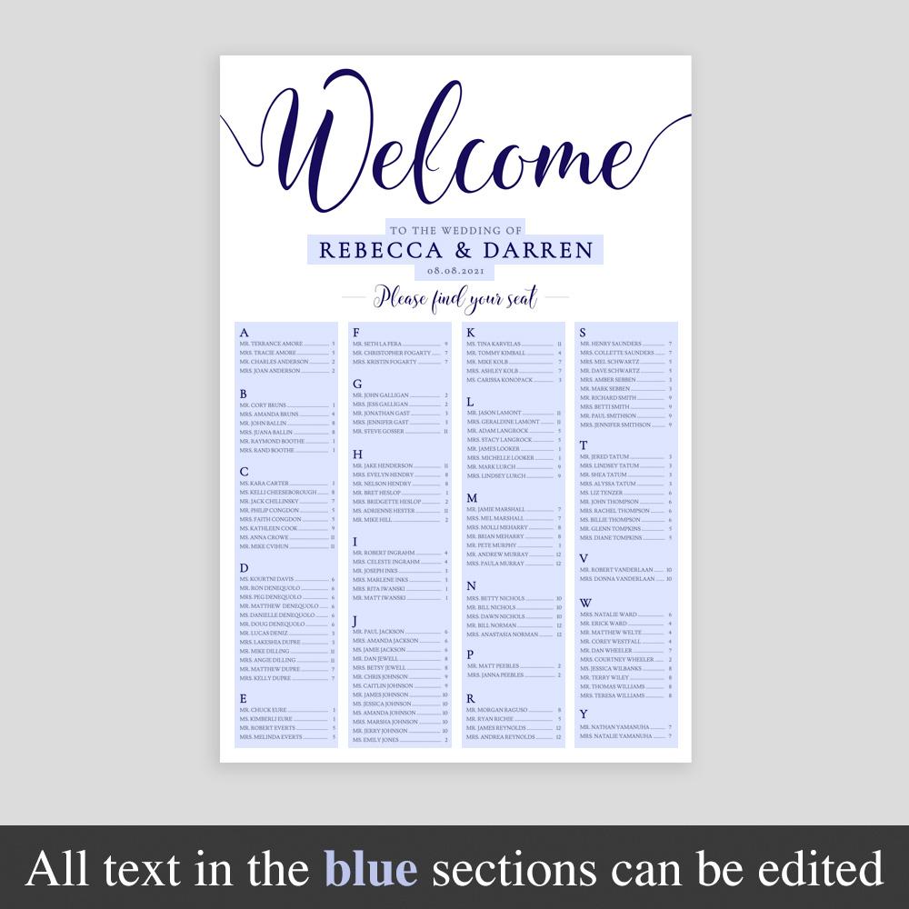 editable text on a navy alphabetical seating plan template