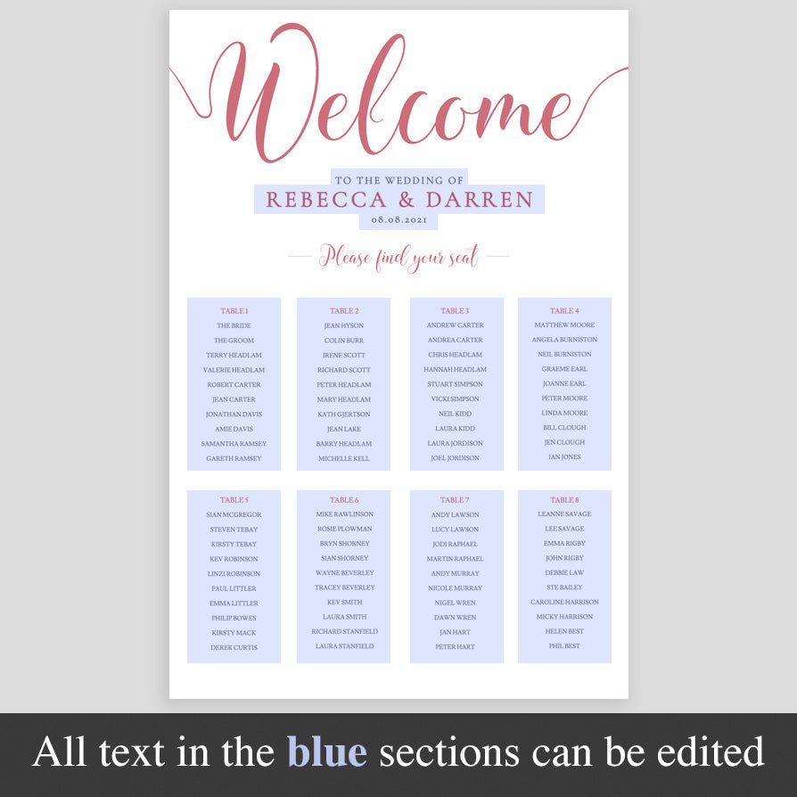 editable areas of text on pink seating plan template