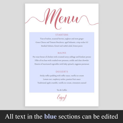 editable areas of pastel pink wedding menu highlighted