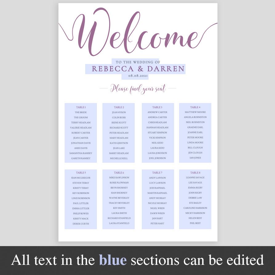 editable areas of purple seating chart highlighted