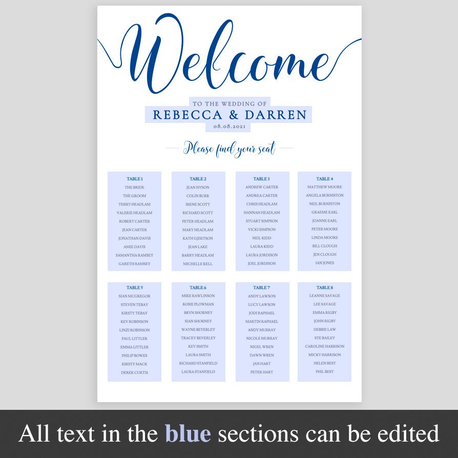 editable areas of royal blue seating chart highlighted