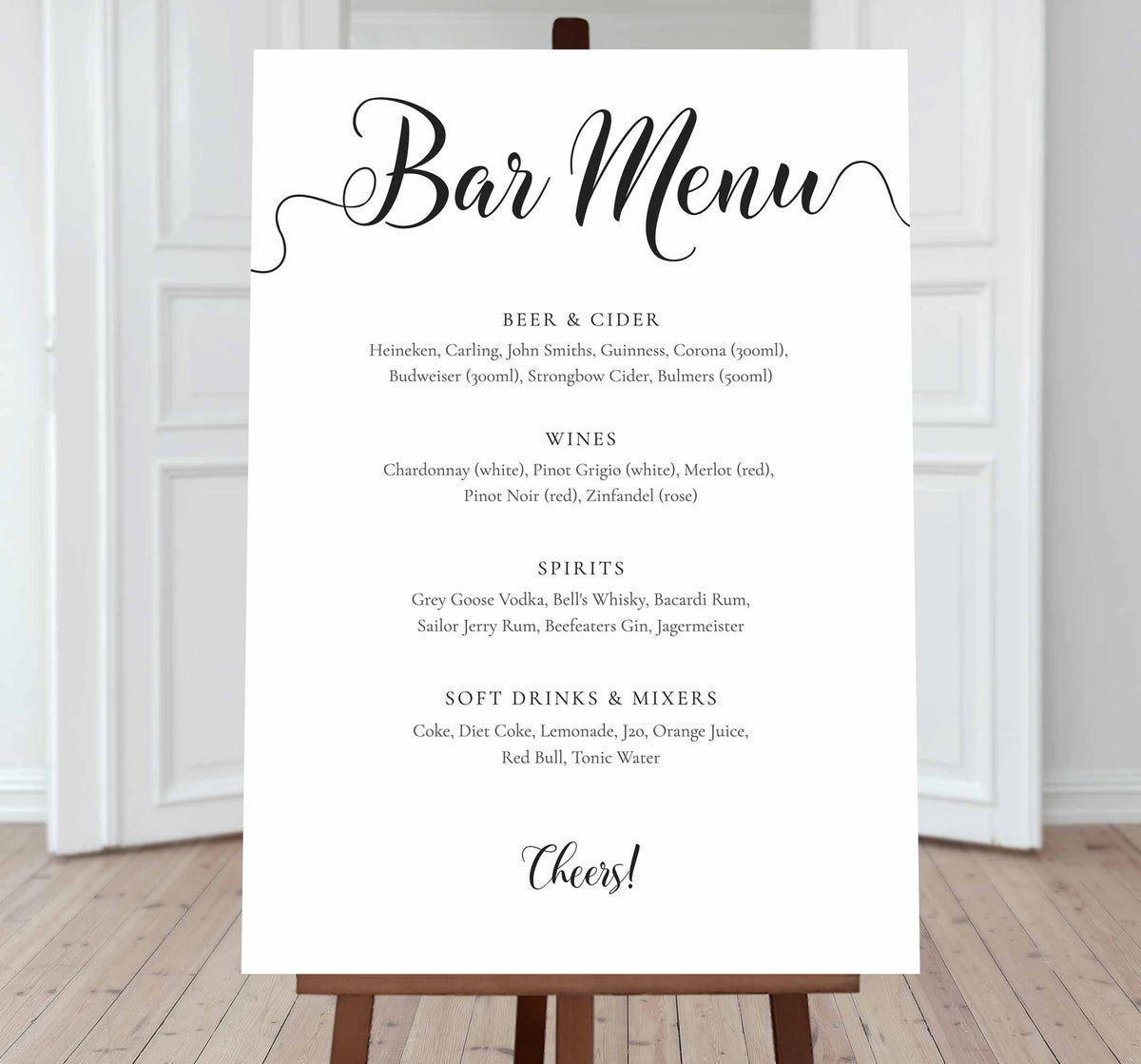 editable bar menu sign printed on a white board