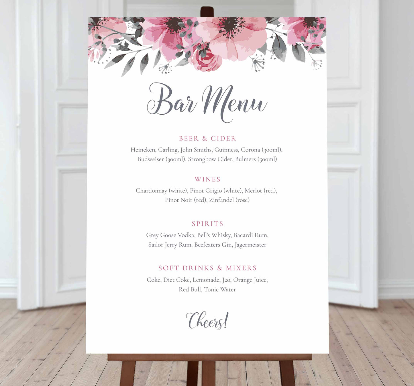 editable bar menu sign with floral border