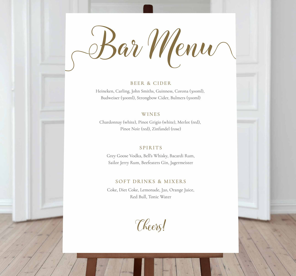 large editable gold bar menu print on an easel