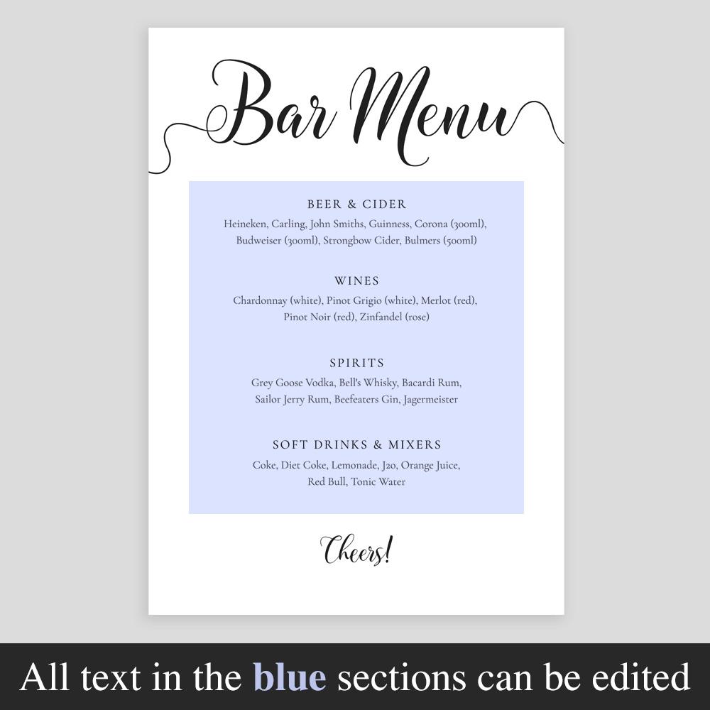 editable sections of the classy drinks menu template highlighted