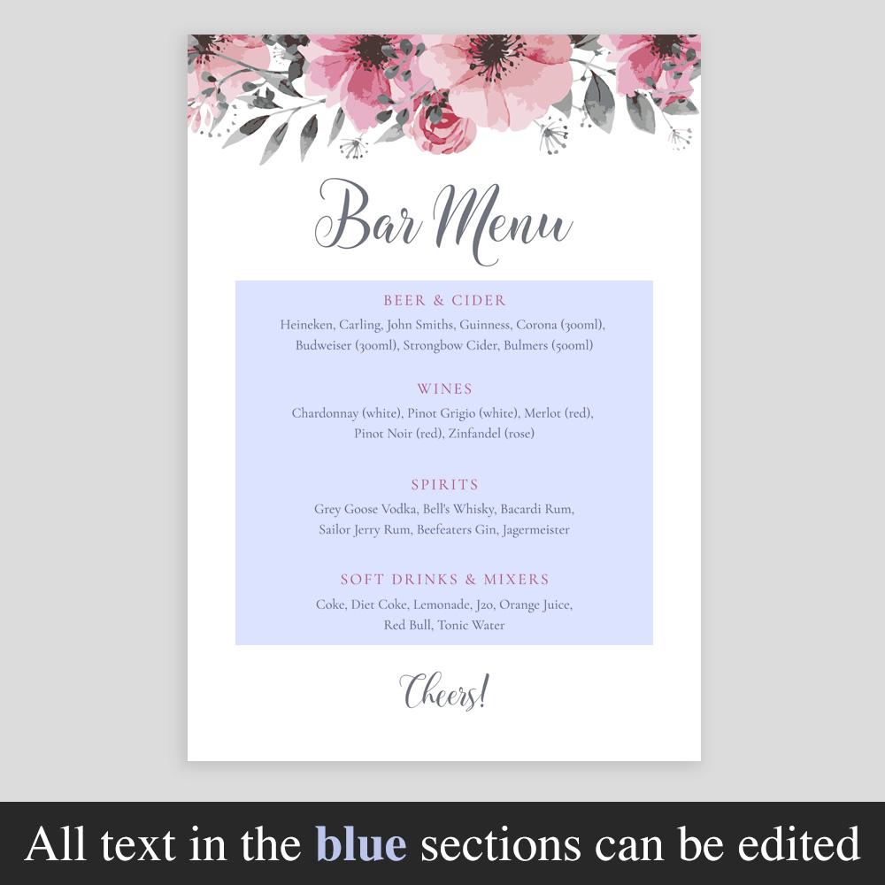 editable text highlighted on floral drinks menu template