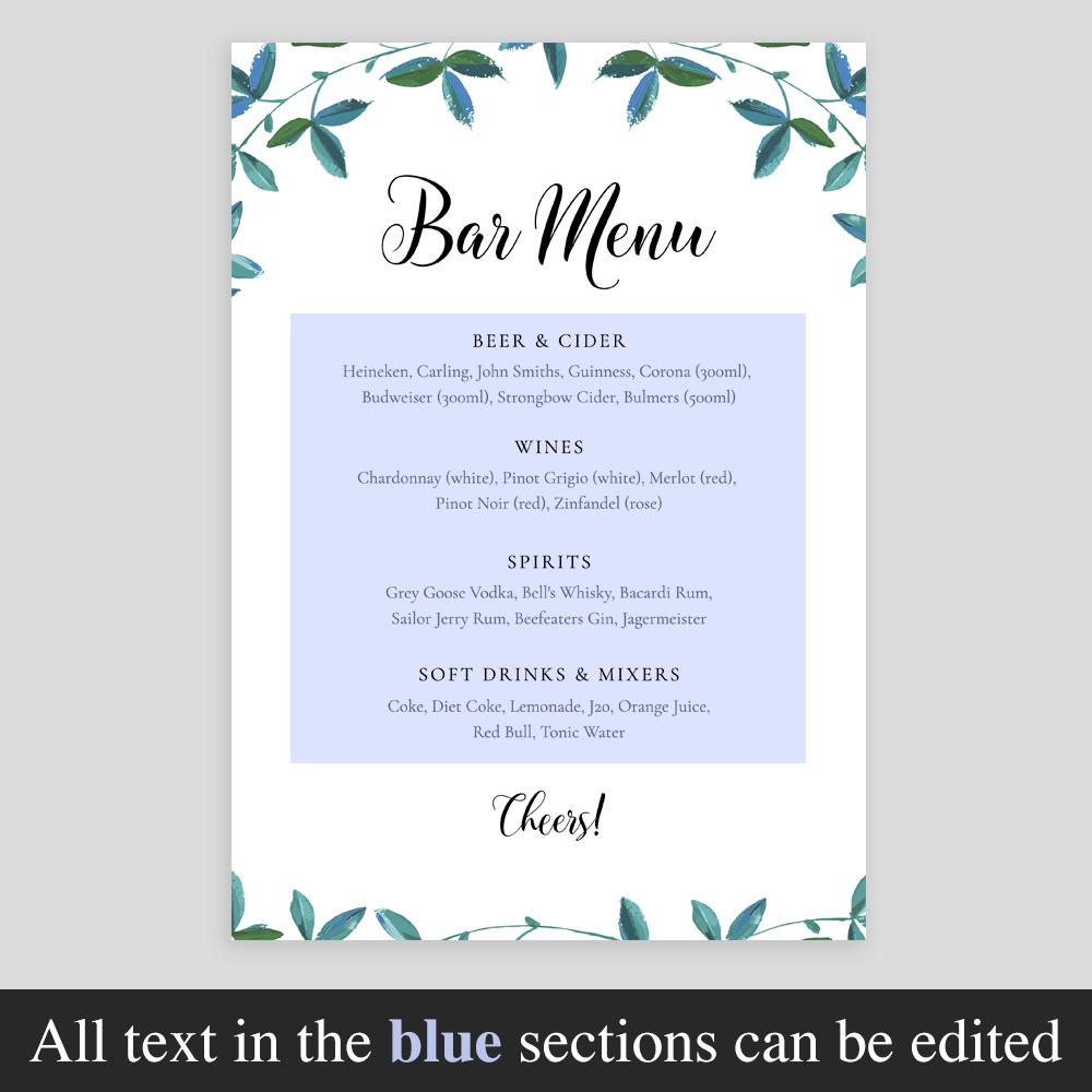 Editable drinks menu template green leaves border listing beer and cider, wines, spirits and soft drinks and mixers