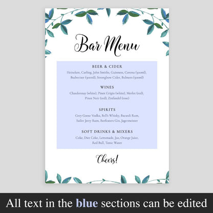 Editable drinks menu template green leaves border listing beer and cider, wines, spirits and soft drinks and mixers