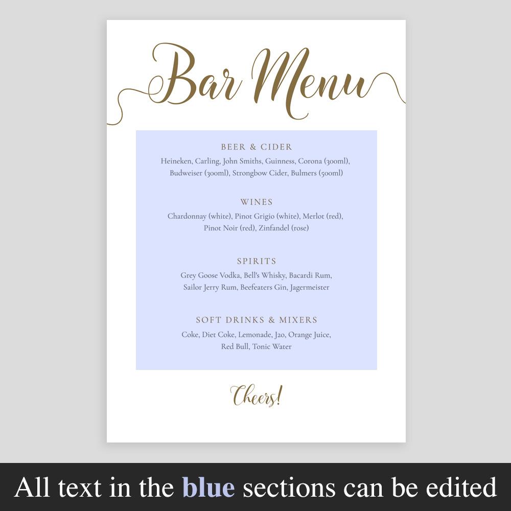 editable text highlighted on gold bar menu template