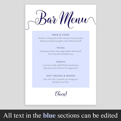 editable text on navy drinks menu template