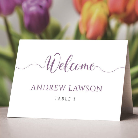 editable lilac purple wedding place card template