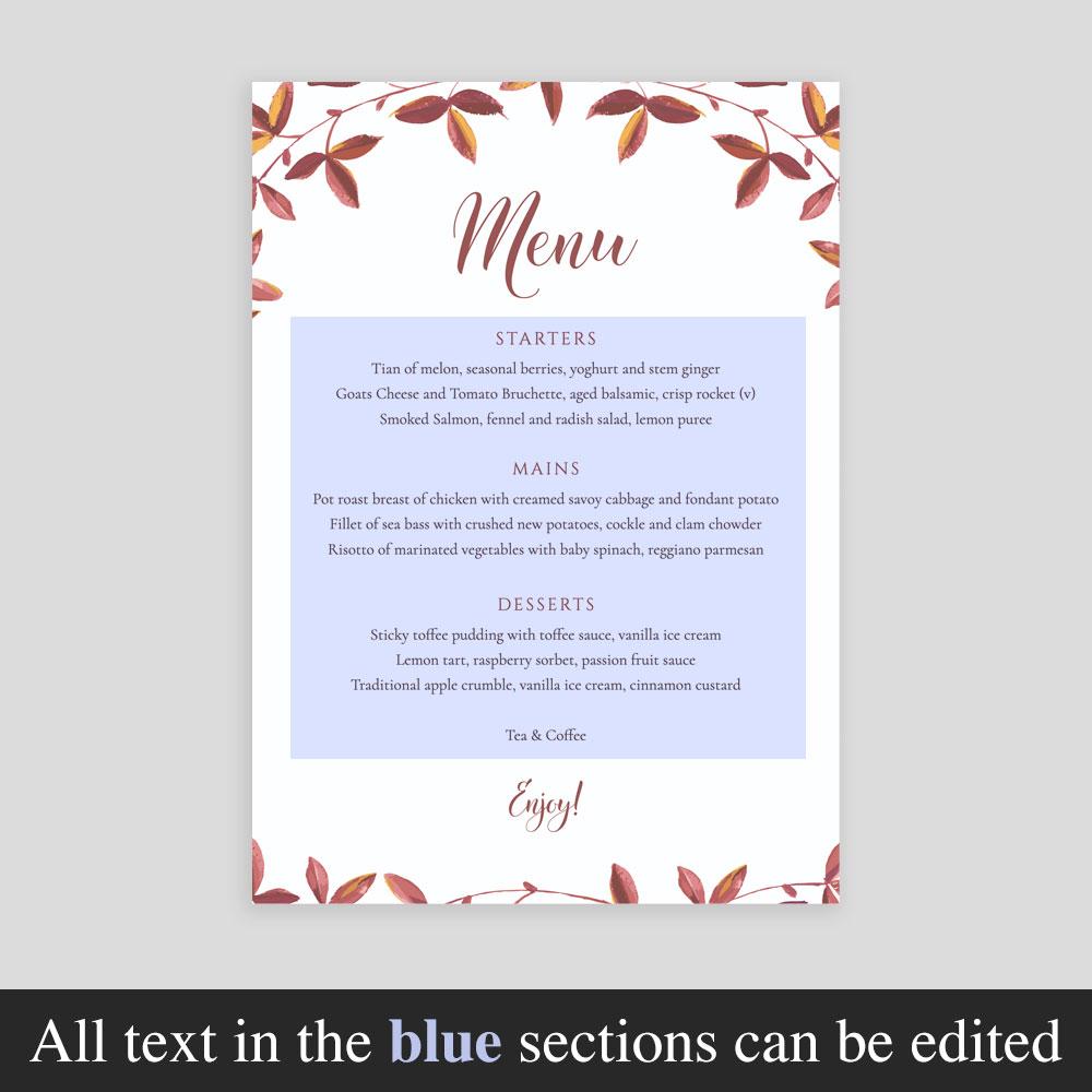 editable text on wedding menu template with autumn leaves border