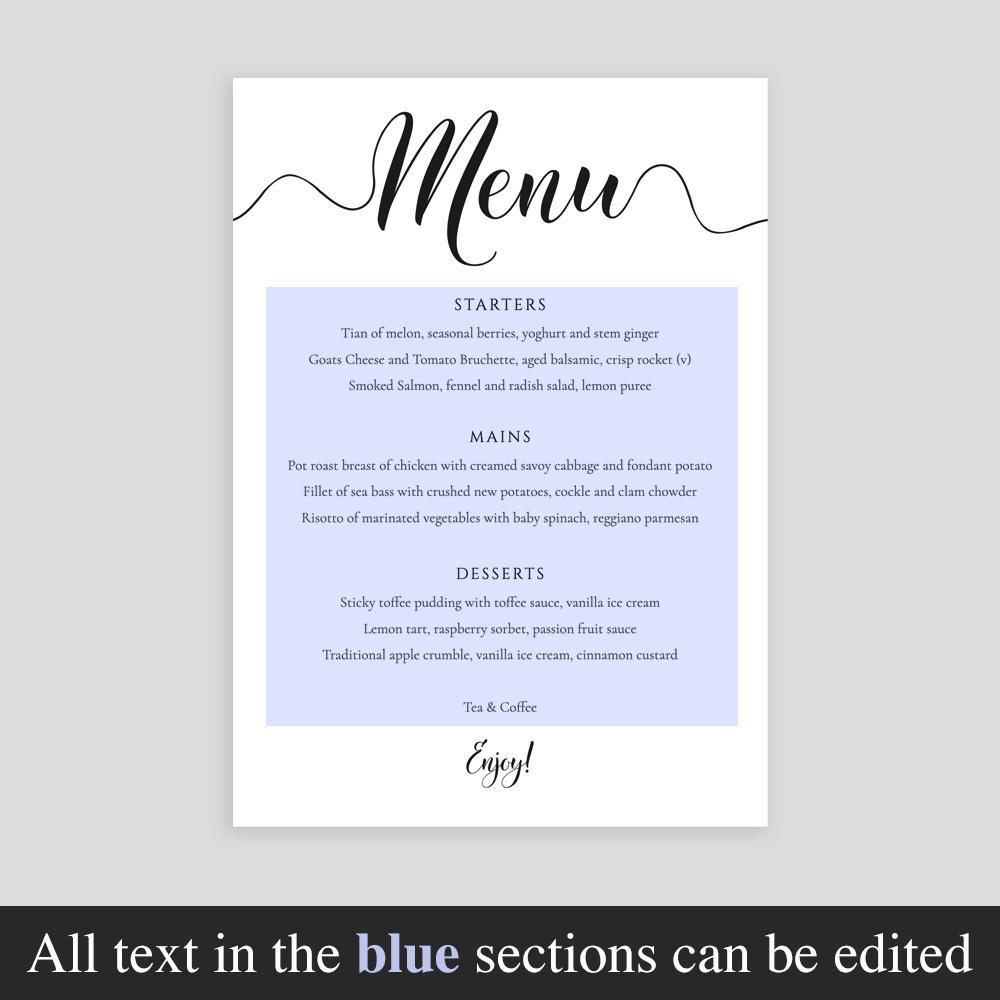 Image highlighting the editable text on an instant download wedding menu