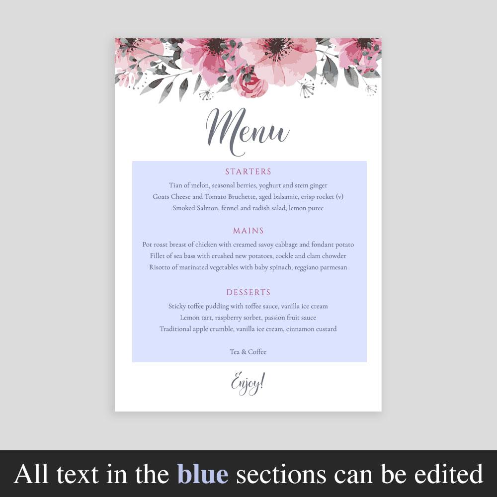 Editable text on 3-course wedding menu