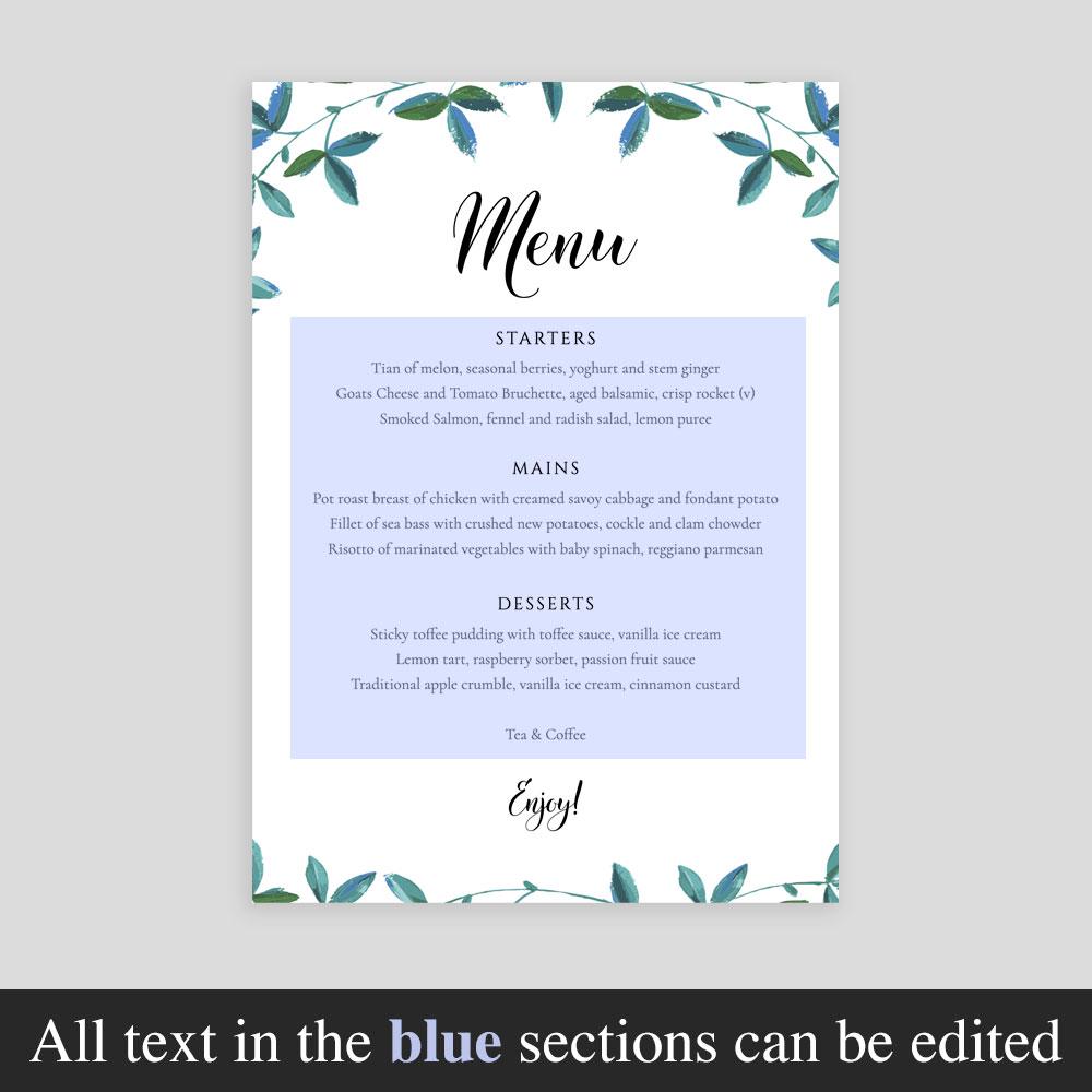editable wedding menu template with green leaves border