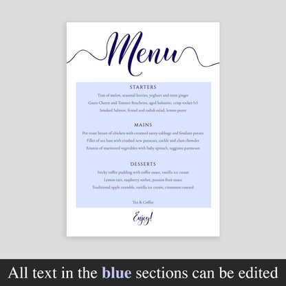 editable text on navy wedding menu template