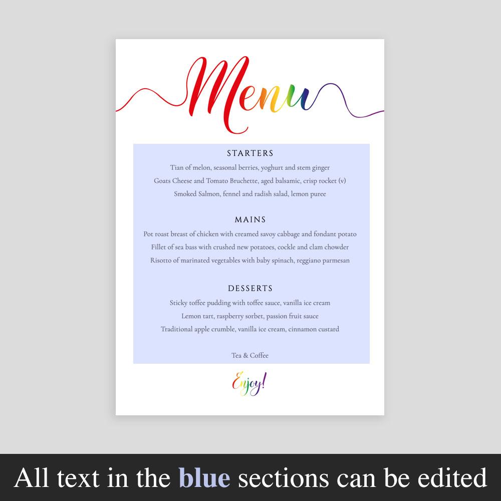 editable text on the rainbow wedding menu template