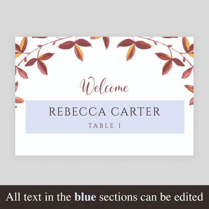 editable place cards fall leaves border