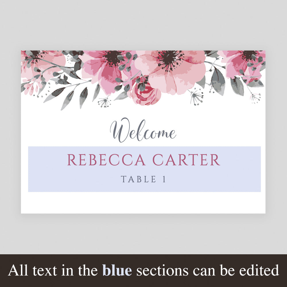 editable text on printable place cards with floral border