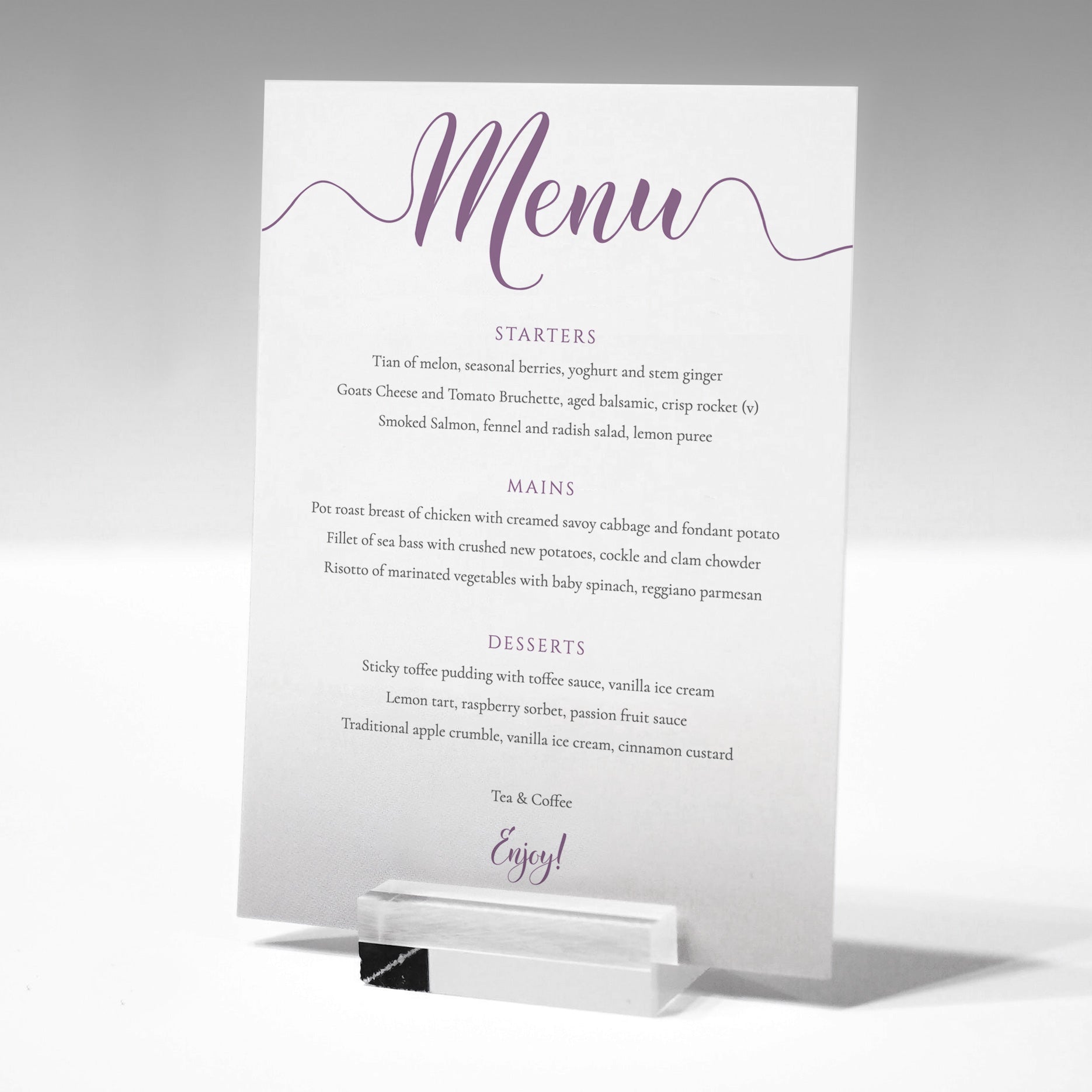 editable printable wedding menu template in a glass menu stand