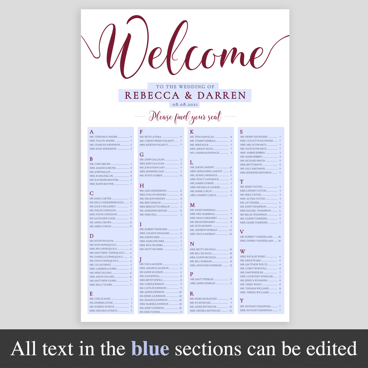editable sections highlighted on burgundy seating plan template