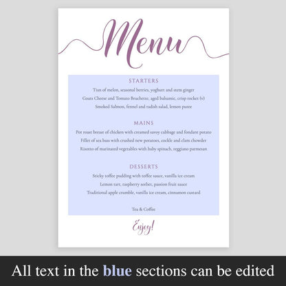 editable sections highlighted on lavender wedding menu template
