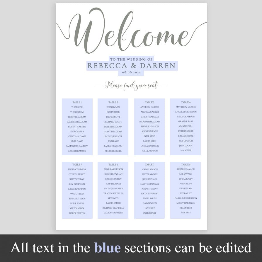 editable sections of sage green table plan