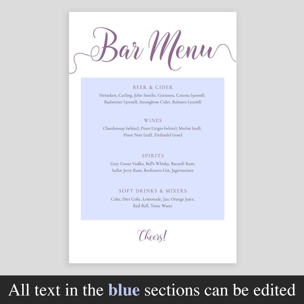 editable text highlighted_on amethyst purple drinks menu template