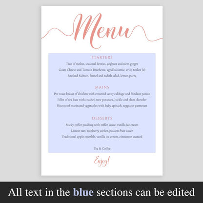 editable text highlighted on coral wedding menu card