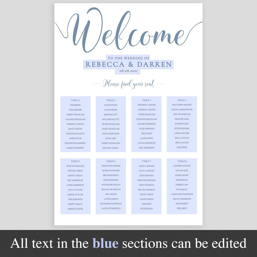 editable text highlighted on dusty blue seating chart
