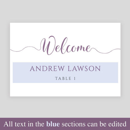 editable text highlighted on lavender place card template