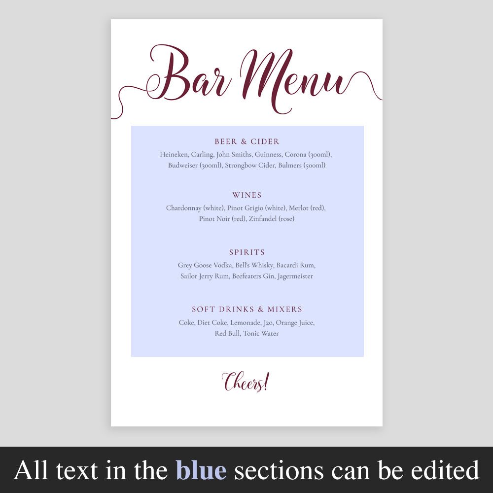 editable text highlighted on maroon drinks menu template