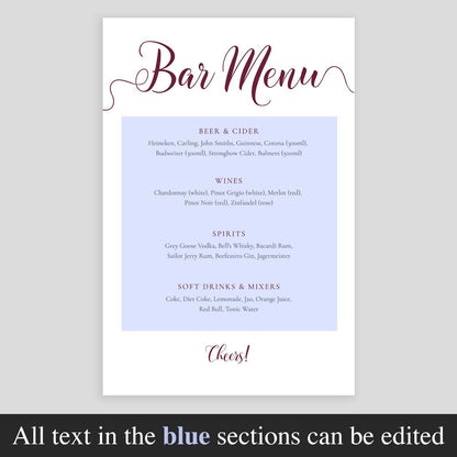 editable text highlighted on maroon drinks menu template