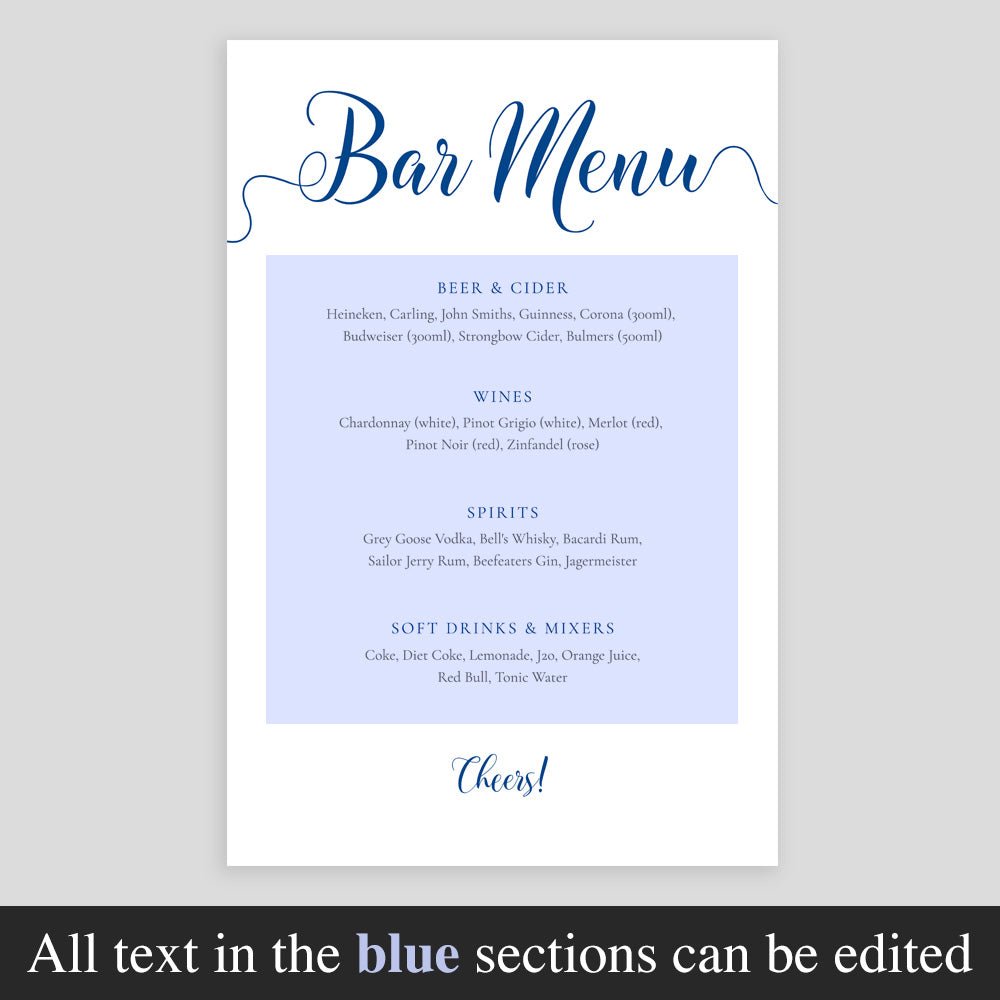 editable text highlighted on ocean blue drinks menu template