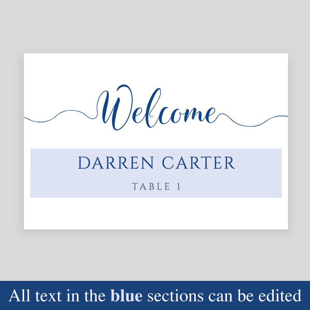 editable text highlighted on ocean blue place card template