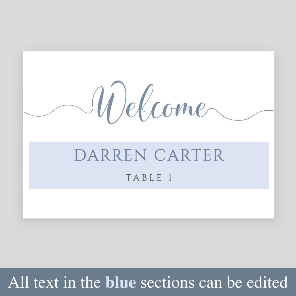 editable text highlighted on pale blue place card template