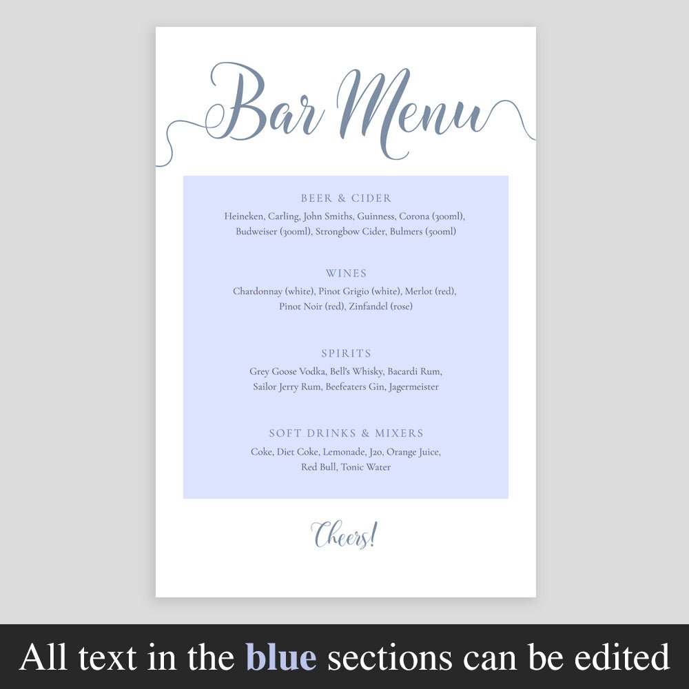 editable text highlighted on pastel blue drinks menu template