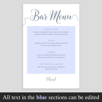 editable text highlighted on pastel blue drinks menu template