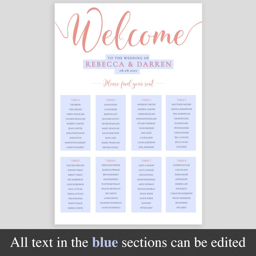 editable text highlighted on rose gold seating plan template