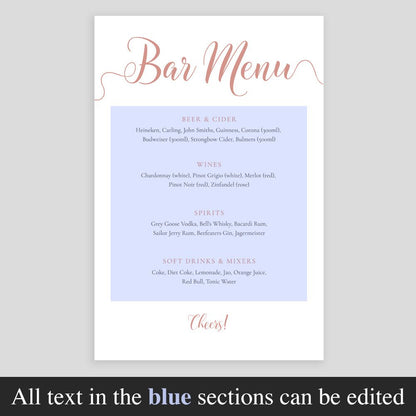 editable text highlighted on salmon pink drinks menu template