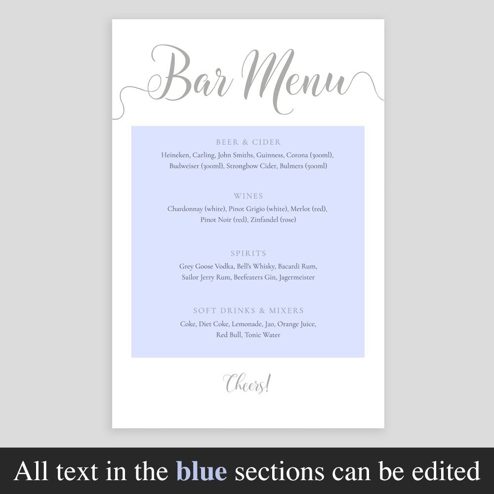 editable text highlighted on silver drinks menu template