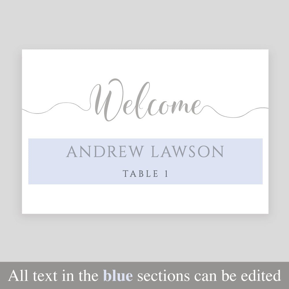 editable text highlighted on silver place card template