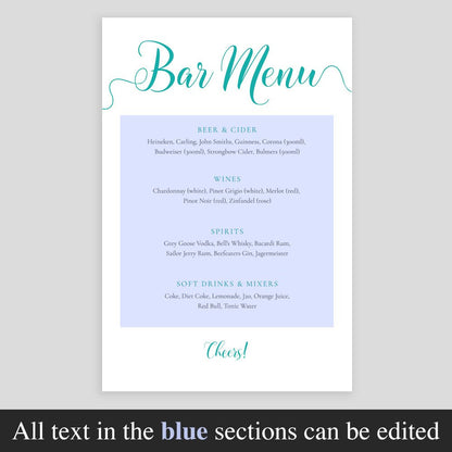 editable text highlighted on turquoise drinks menu template