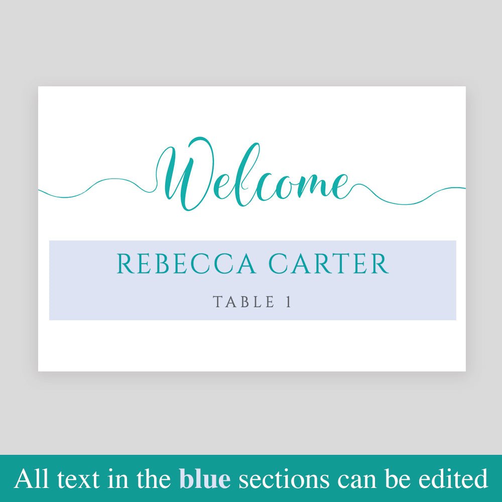 editable text highlighted on turquoise place card template