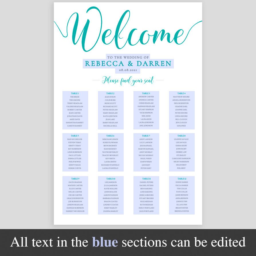 editable text highlighted on turquoise seating plan template
